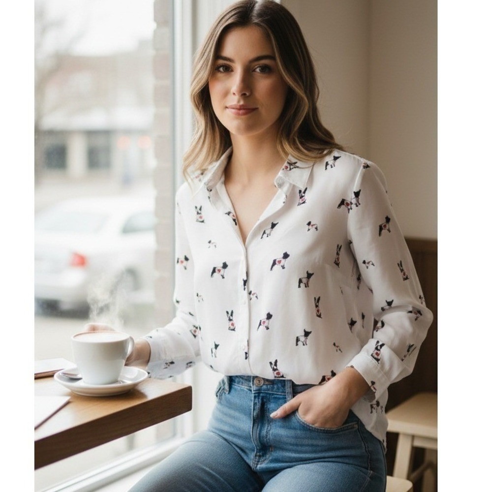 Jane Delancy French Bulldog Print Button Down Shirt Women's L Long Sleeve White